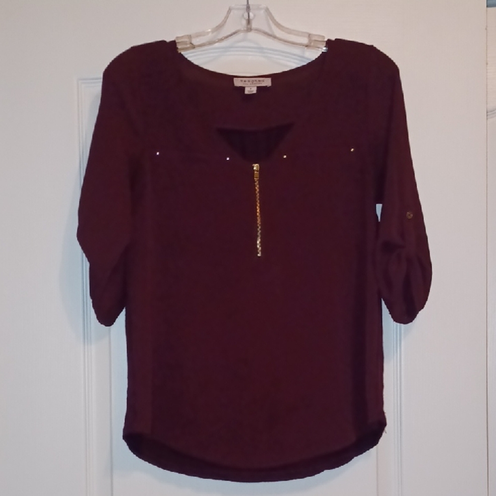 New York & Company Burgundy Blouse with Gold Accent